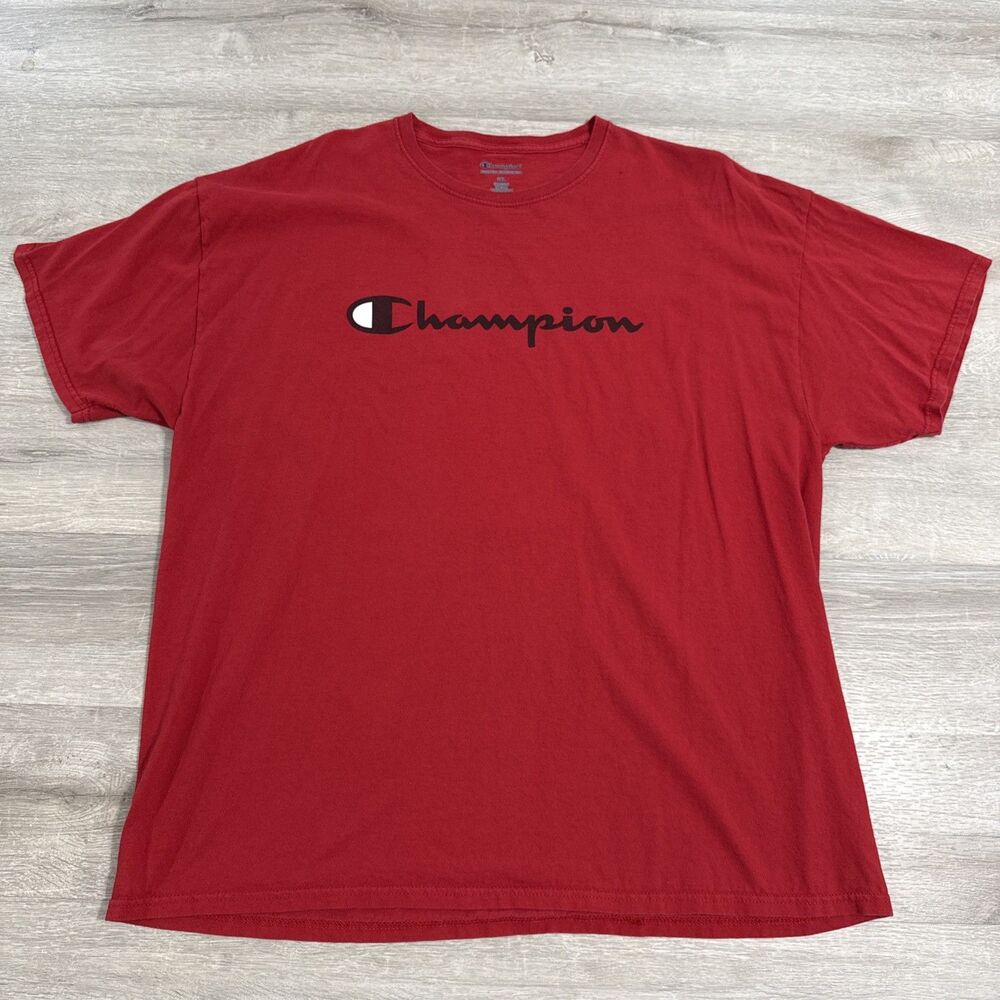 Champion Shirt Men's Red Script Logo Tee 2XL Cotton Short Sleeve Crew Neck